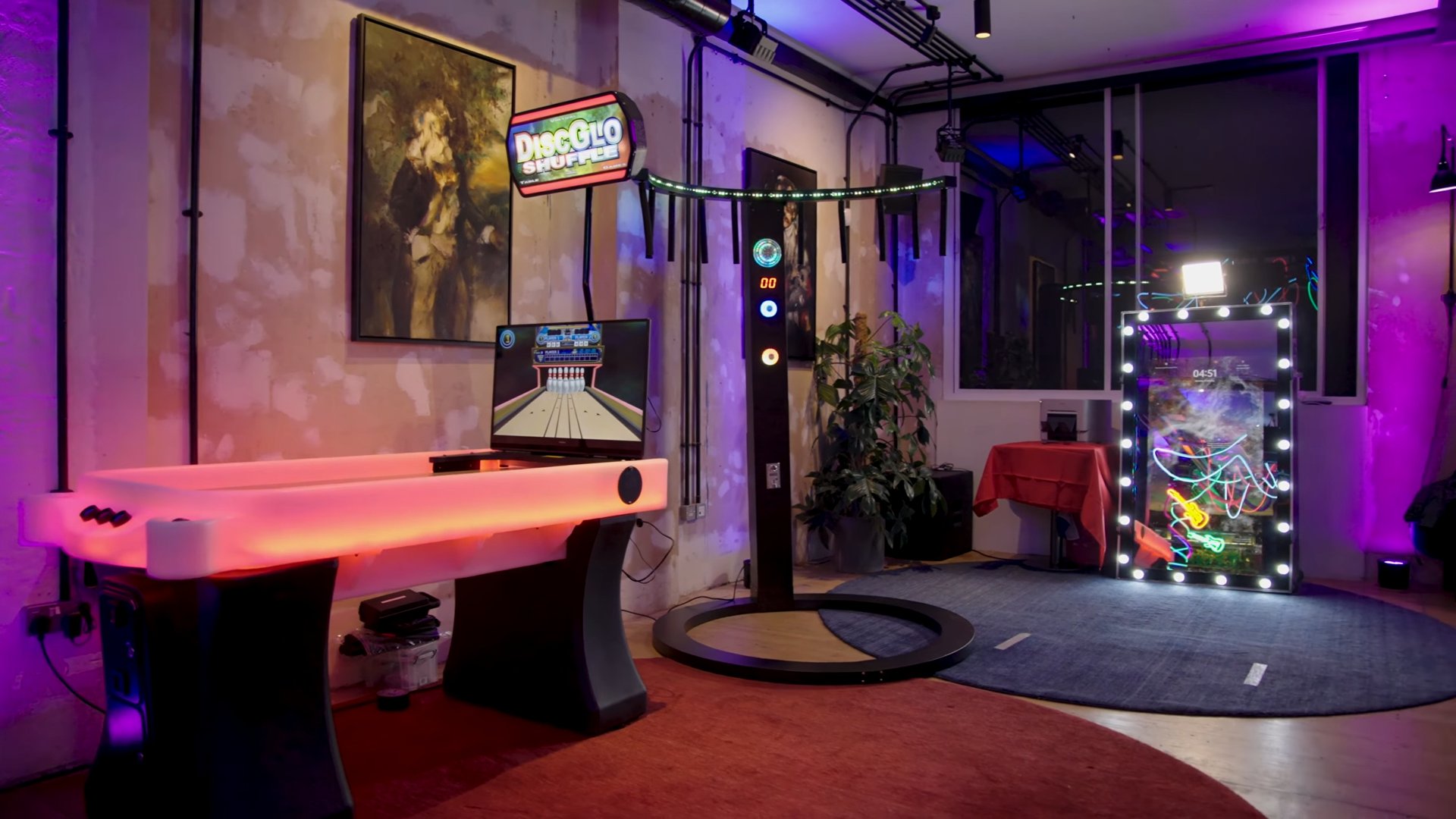Interactive games area with DiscGlo shuffle table