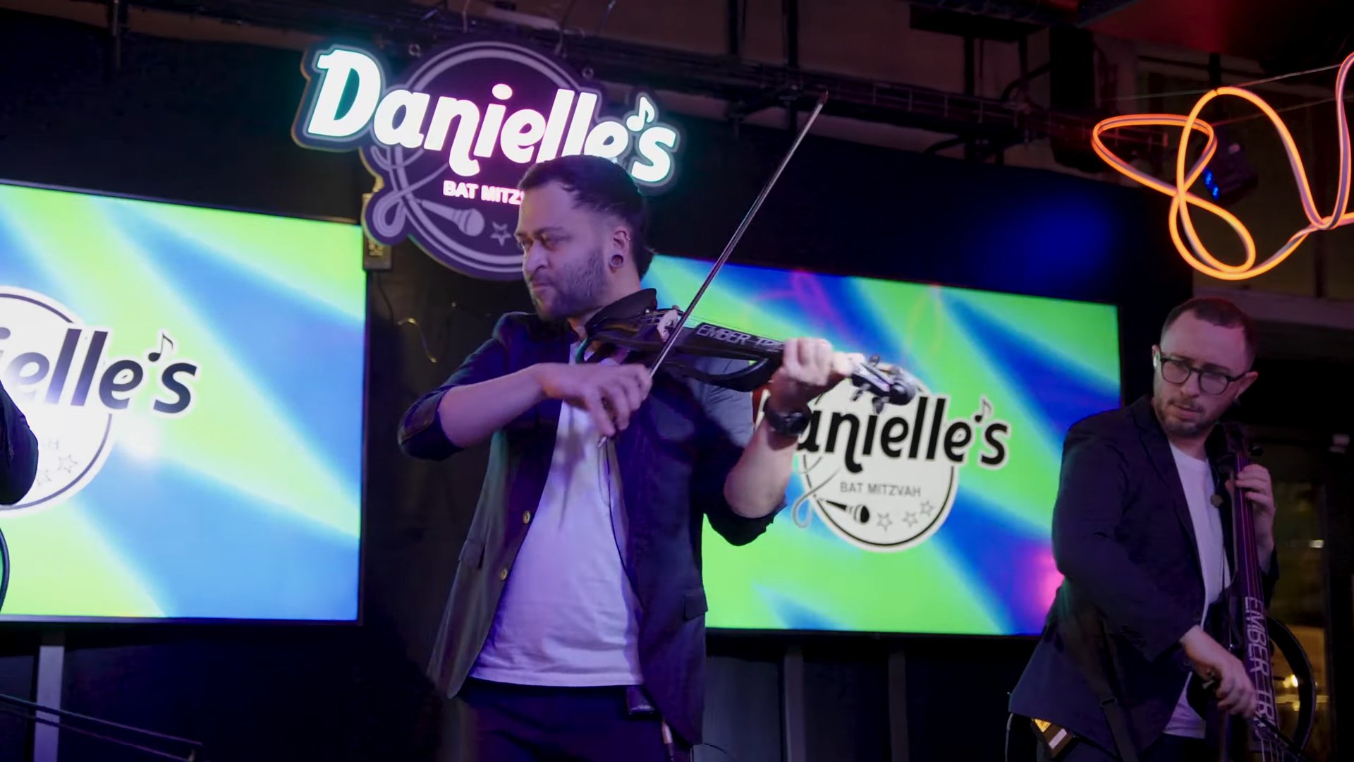 Ember Trio electric violin and cello performing at Danielle's Bat Mitzvah