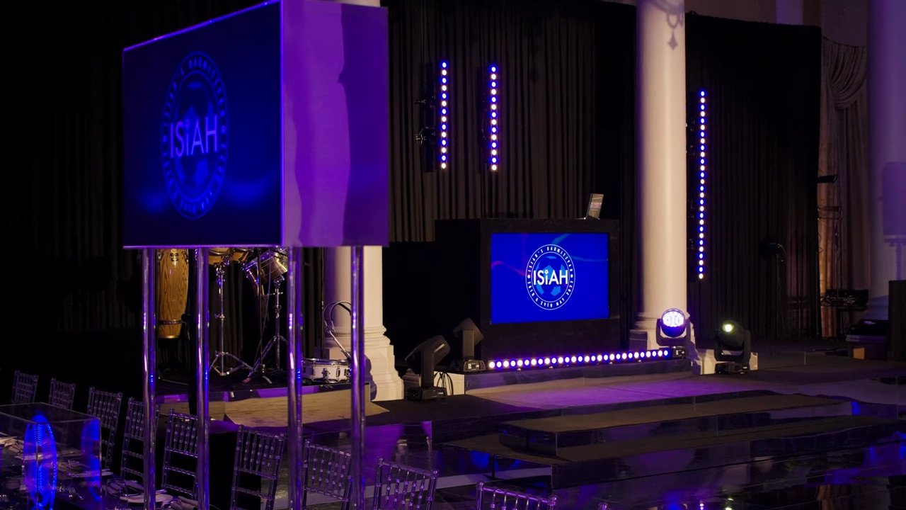 Production stage with bespoke branding and lighting