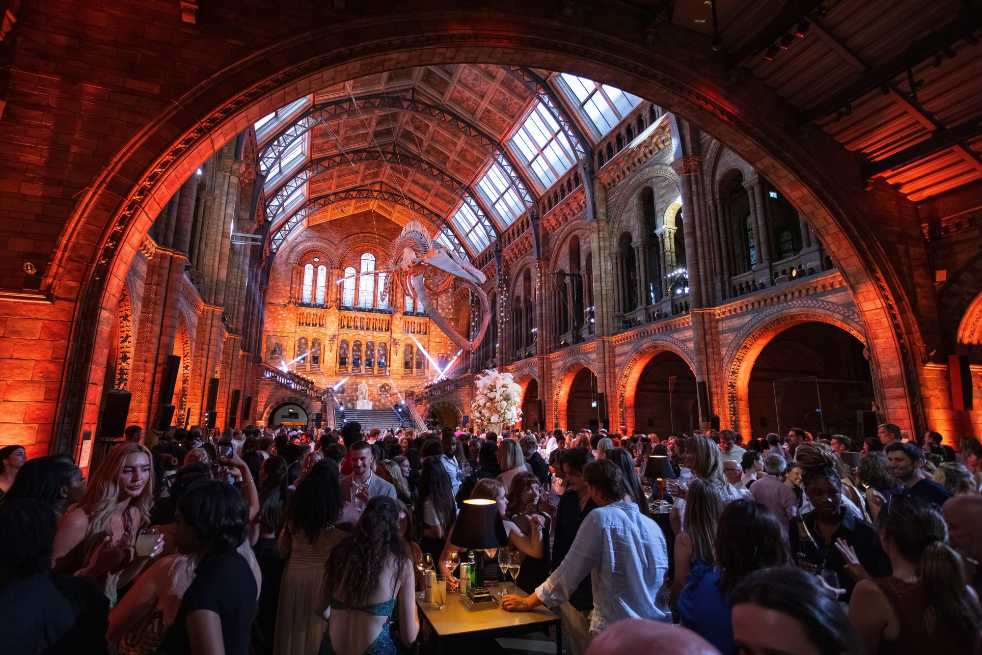 A packed dance floor beneath the blue whale
