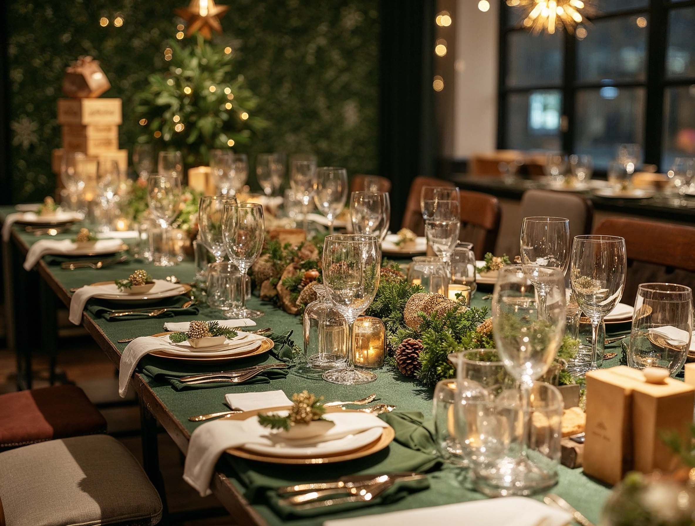Christmas dinner tables dressed with winter greenery and warm candlelight