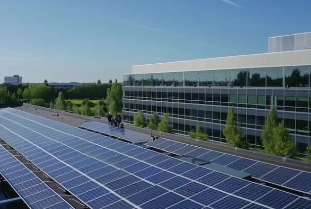 instalacion de placas solares en el tejado de un gran edificio
