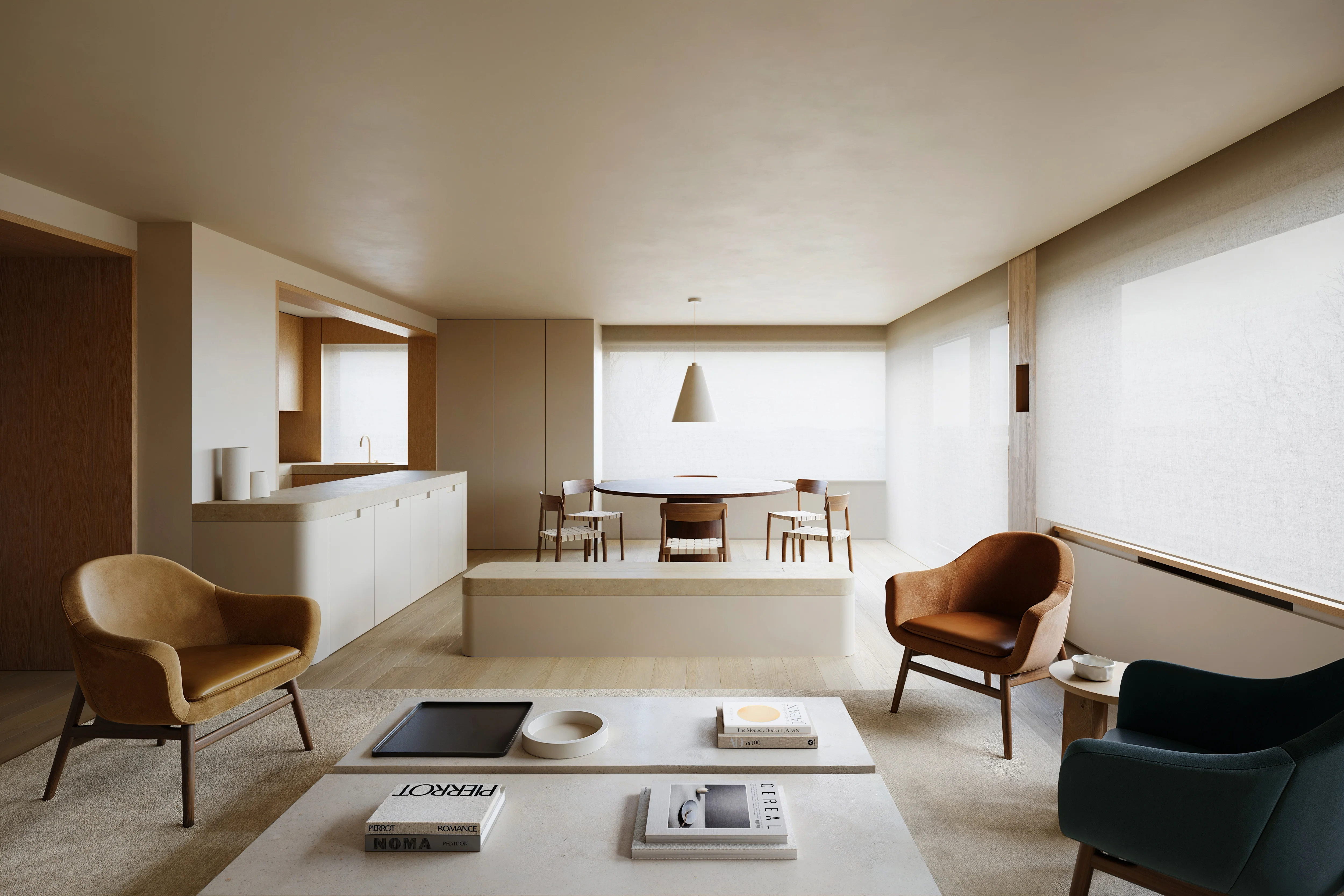 Modern living room with beige and brown armchairs, two marble coffee tables with books and decor, and a dining area with wooden chairs and a round table near large windows with light blinds.