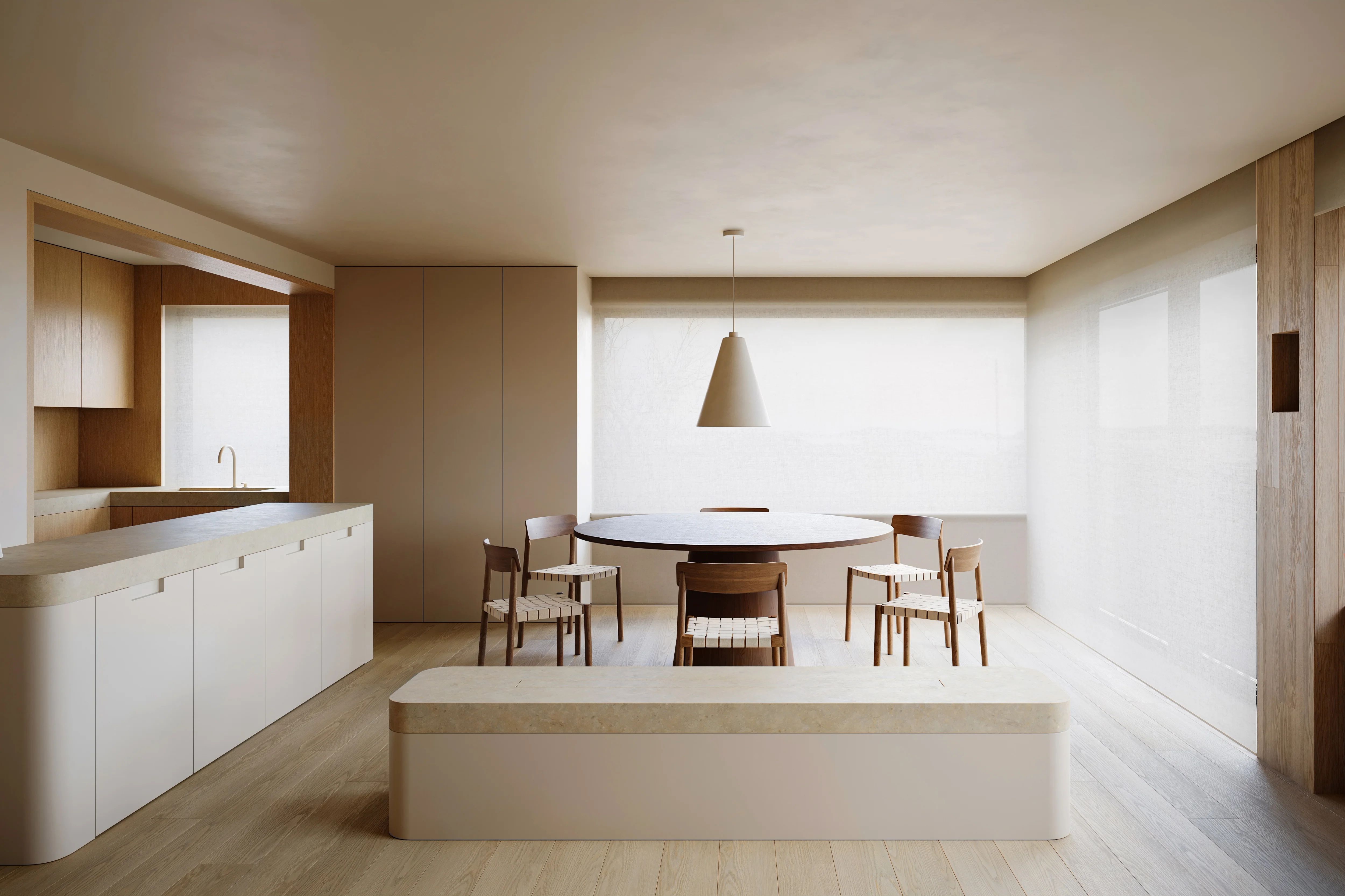 Minimalist dining area with a round wood table surrounded by six wooden chairs and soft natural light filtering through large sheer window curtains.