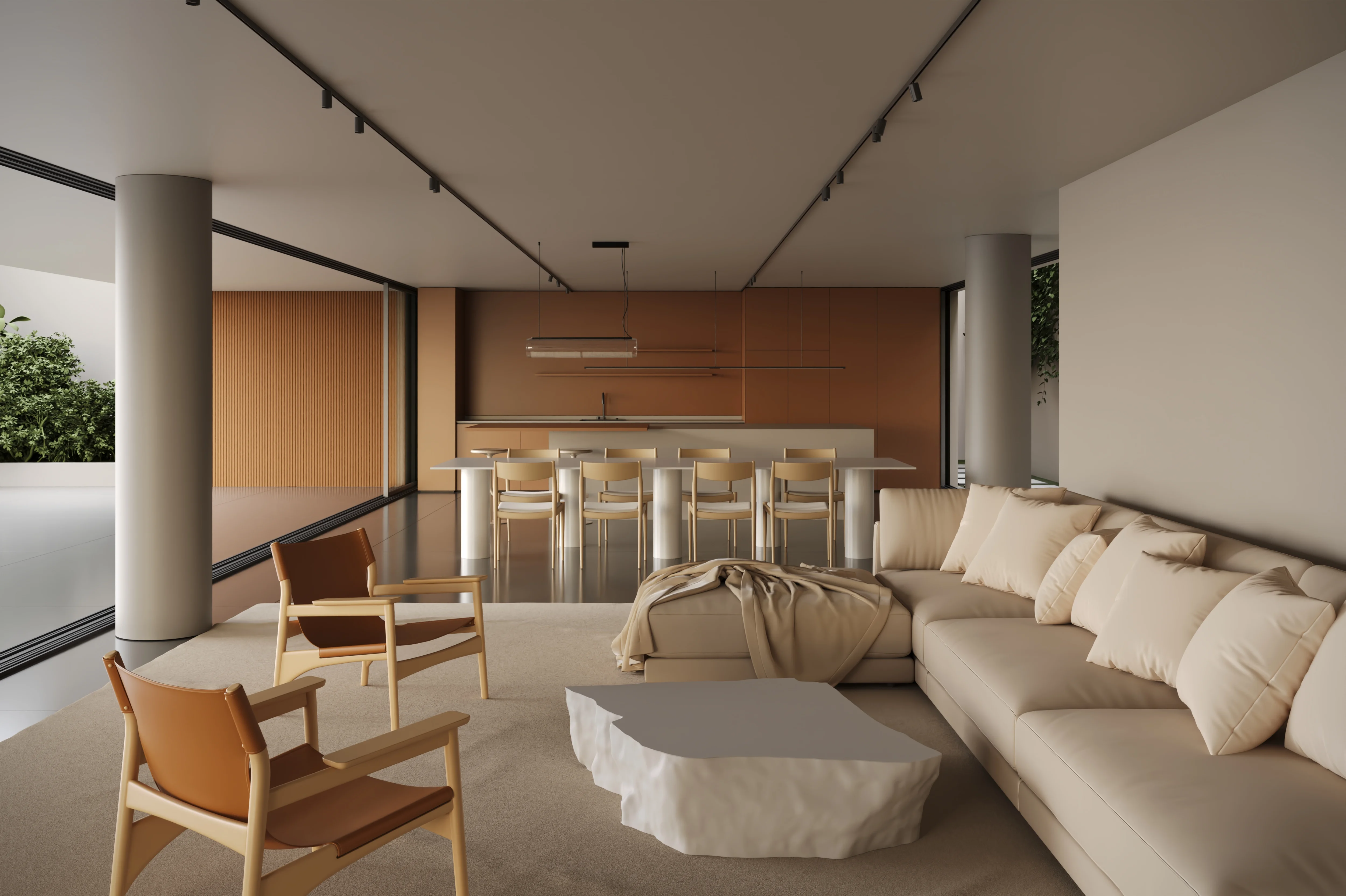 Modern open living space with beige sectional sofa, two tan armchairs, a stone-textured coffee table, and dining area with wooden chairs and brown cabinetry.