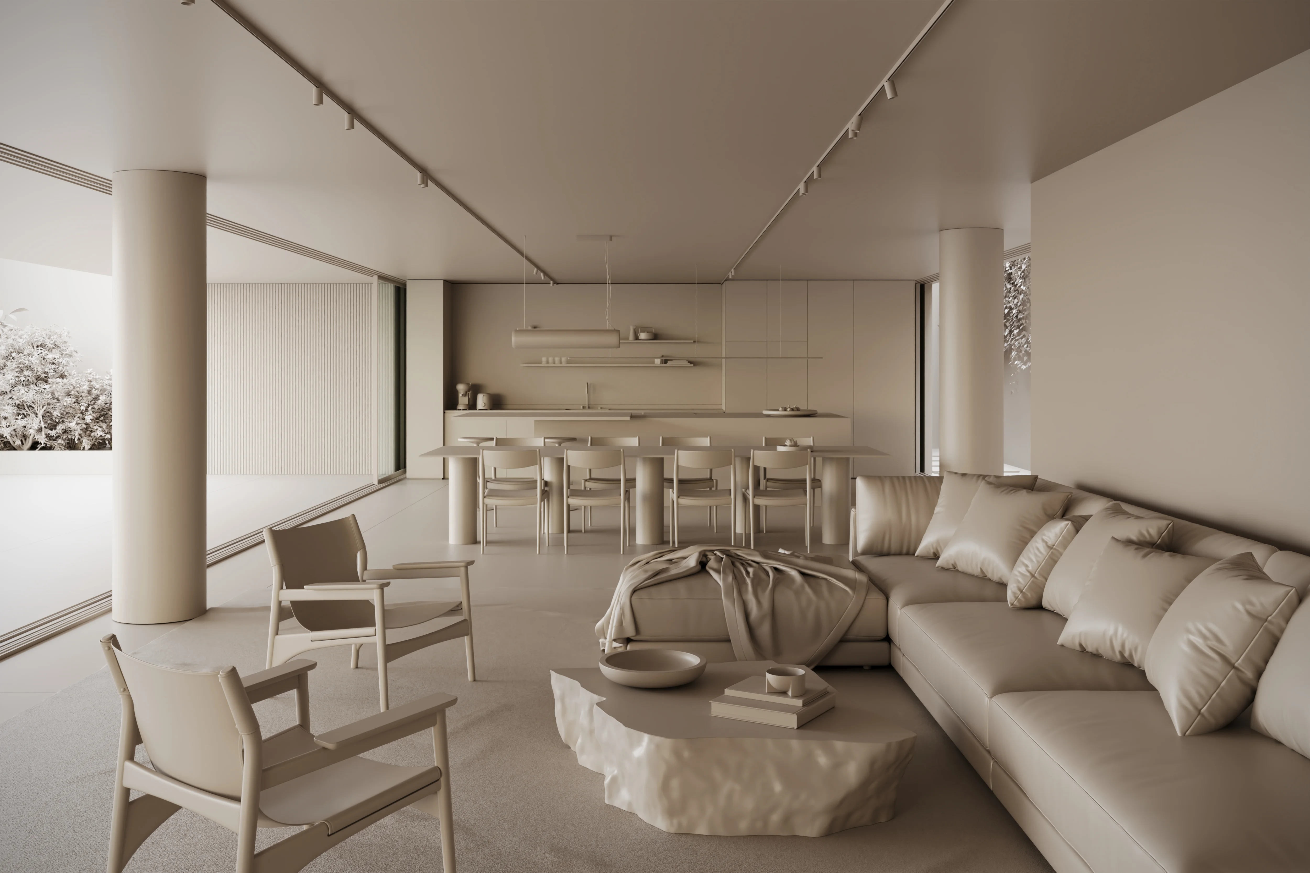 Minimalist open-plan living room and kitchen with a sectional sofa, two armchairs, textured coffee table, and dining table with chairs.