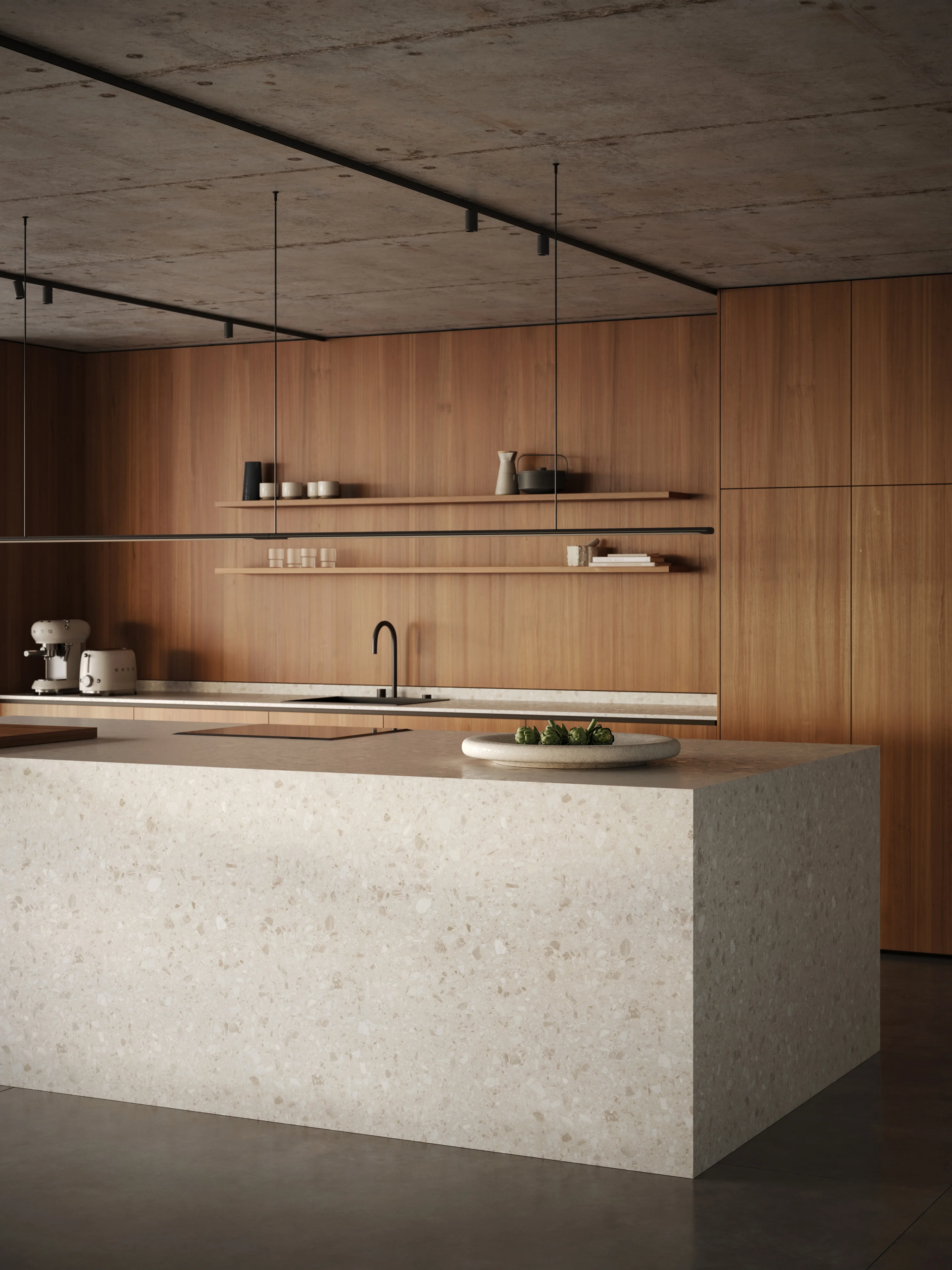 Modern kitchen with terrazzo island, wooden cabinets, floating shelves, black faucet, and minimalist decor.