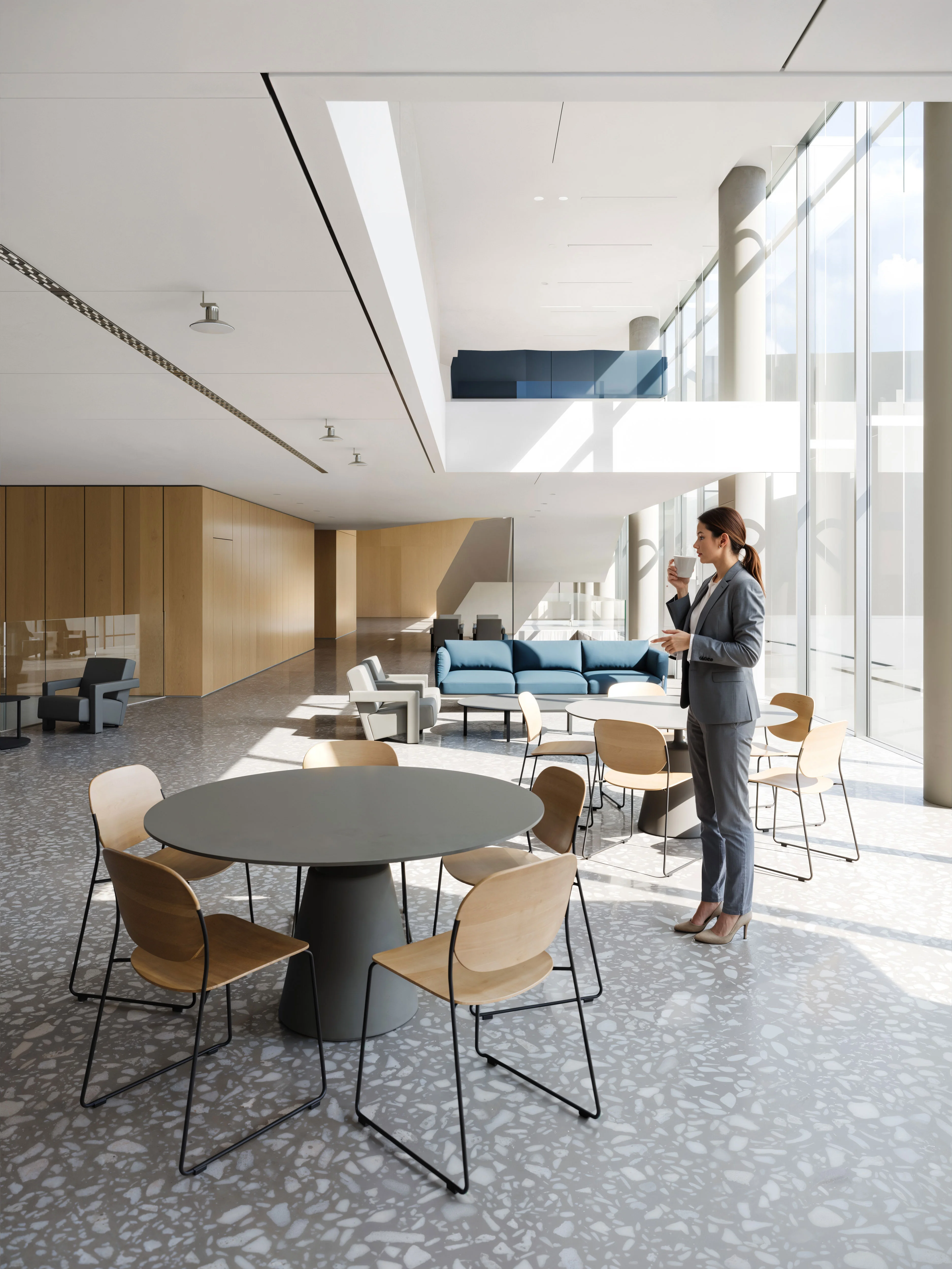 Woman in gray suit standing by a round table with wooden chairs in a bright modern office lounge with large windows and blue sofas.