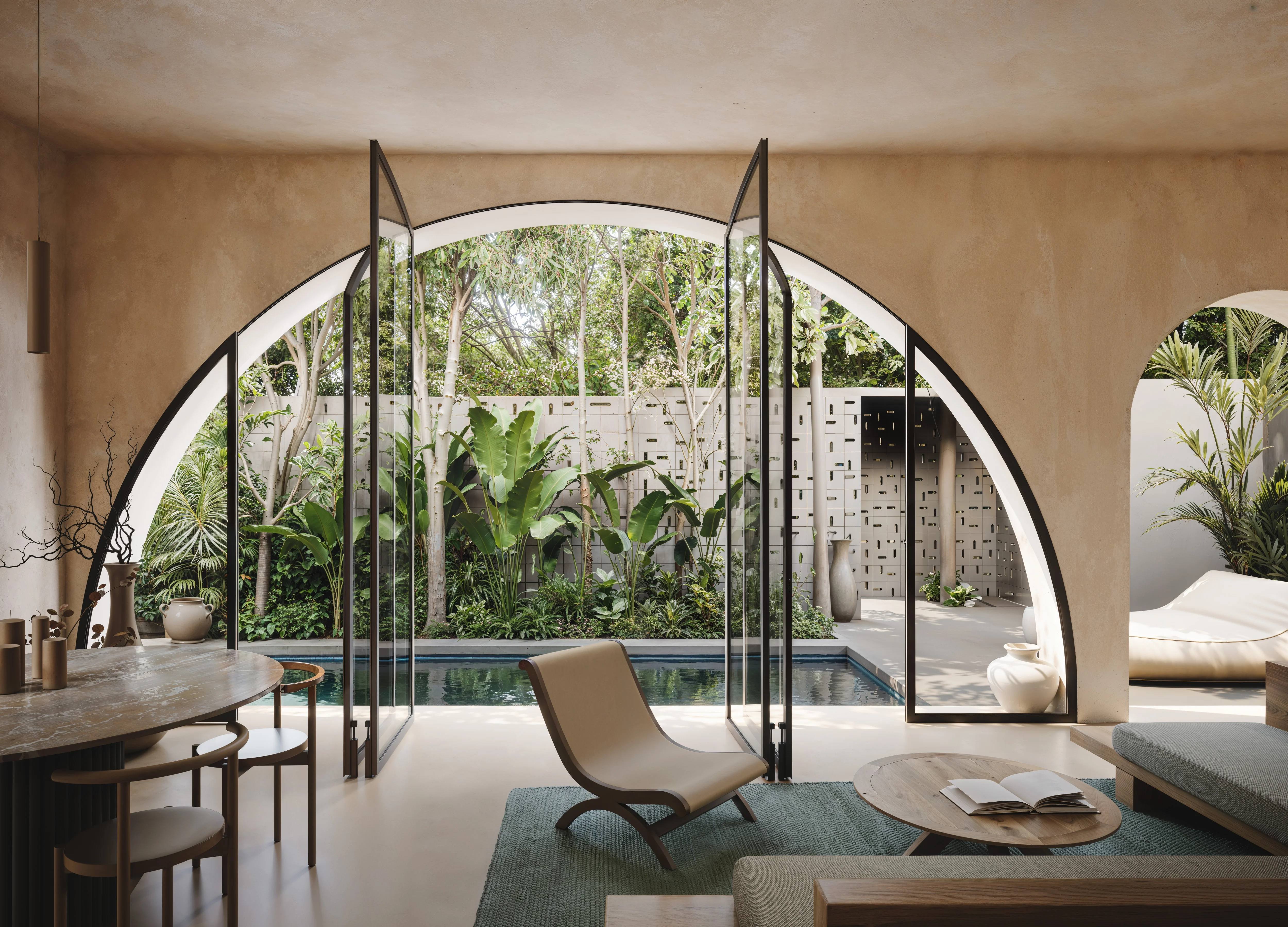 Modern living room with arched glass doors opening to a garden with a pool and lush greenery.