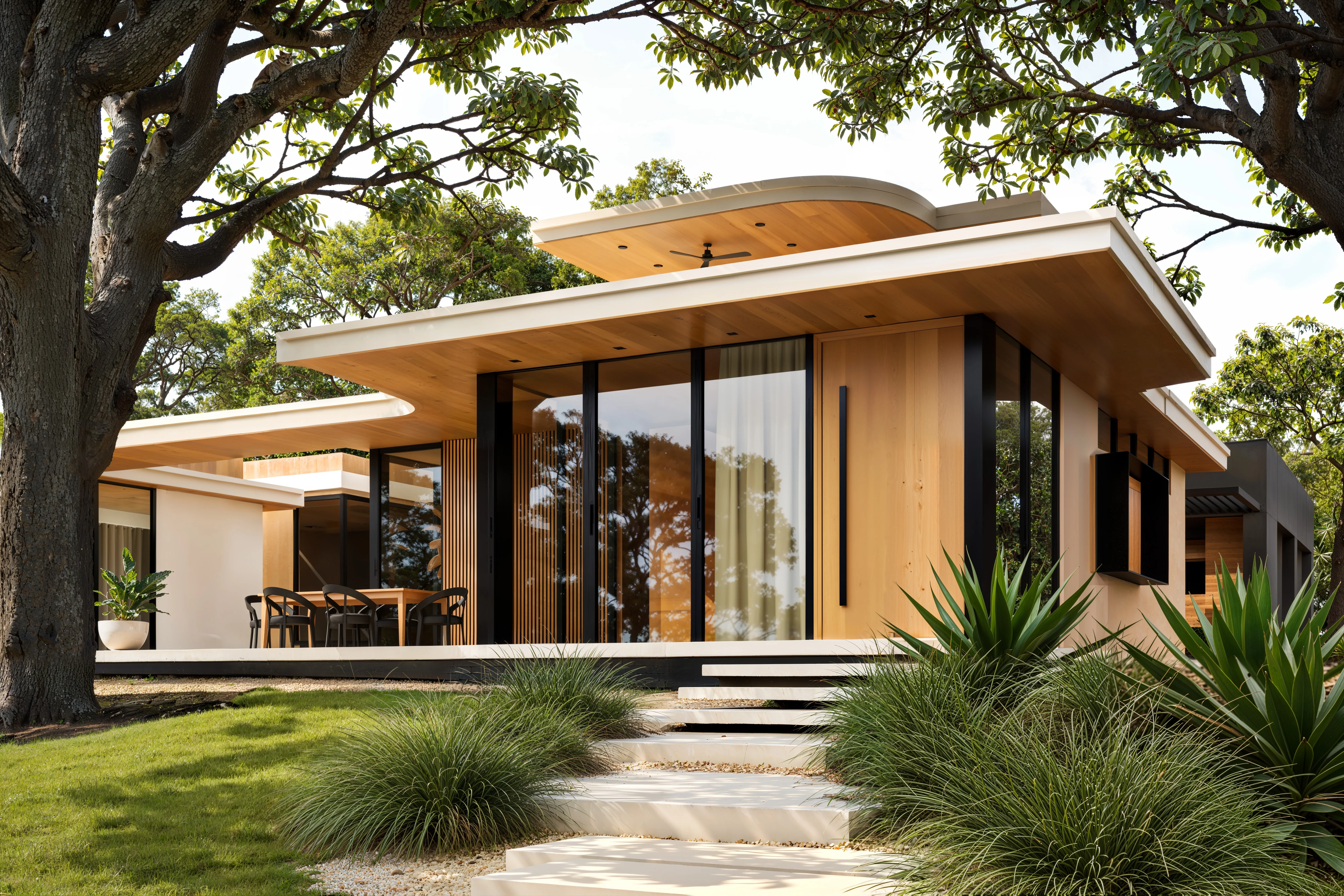 Modern single-story house with large glass windows, wooden accents, outdoor dining area, surrounded by green trees and plants.