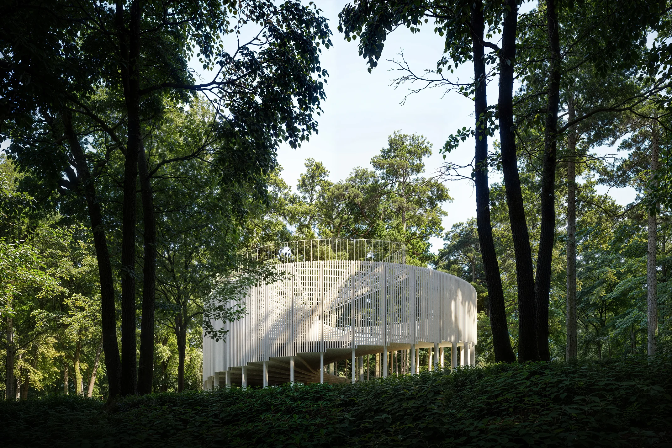 Modern circular white pavilion with vertical slats surrounded by dense green forest trees.
