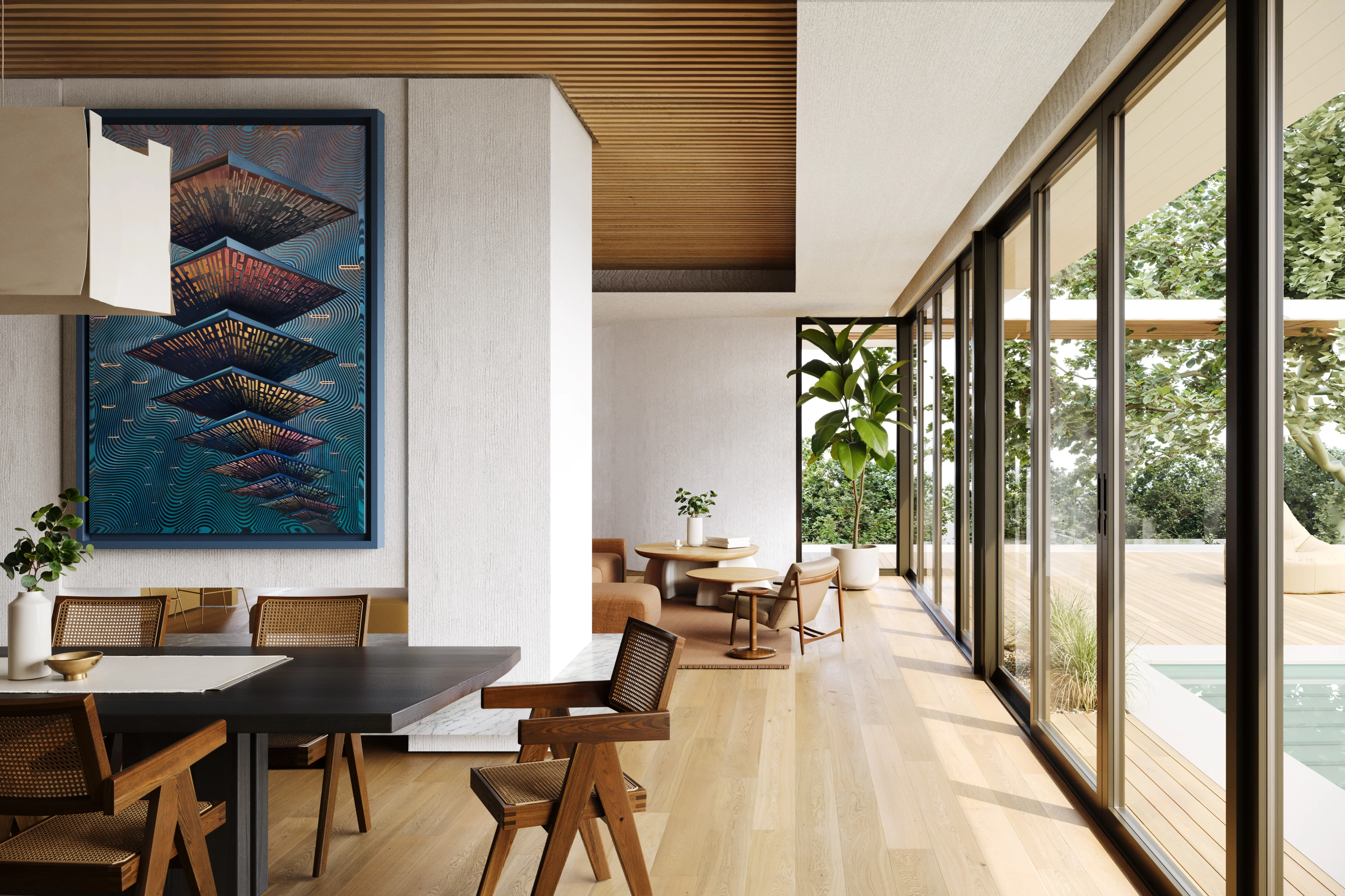 Bright modern dining and living area with wooden chairs, large glass sliding doors overlooking a wooden deck and pool, and potted plants.