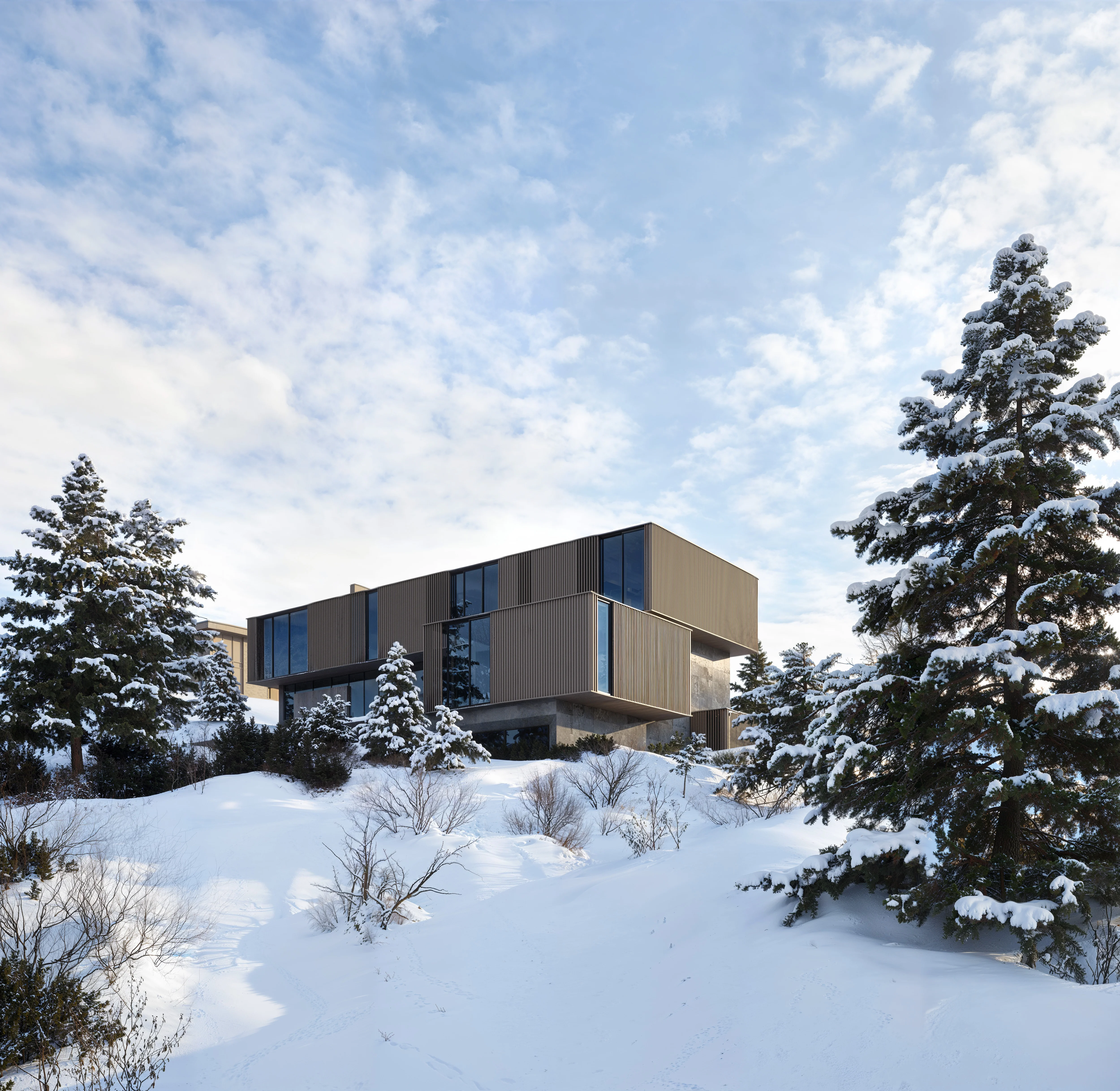 Modern rectangular house with large windows on a snowy hill surrounded by snow-covered pine trees under a cloudy blue sky.