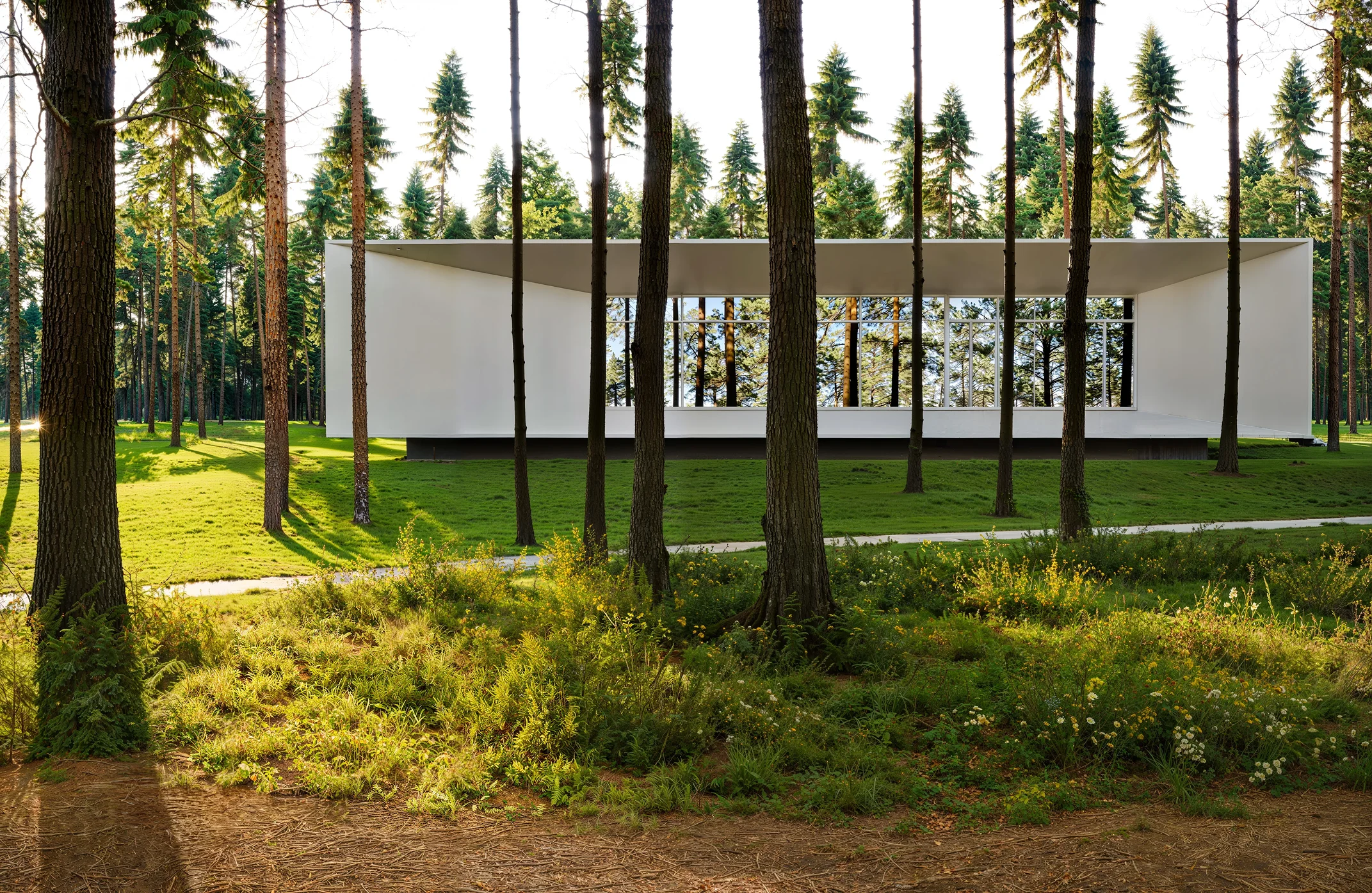 Modern white rectangular building with large windows reflecting pine trees, surrounded by a green forest and grassy lawn.