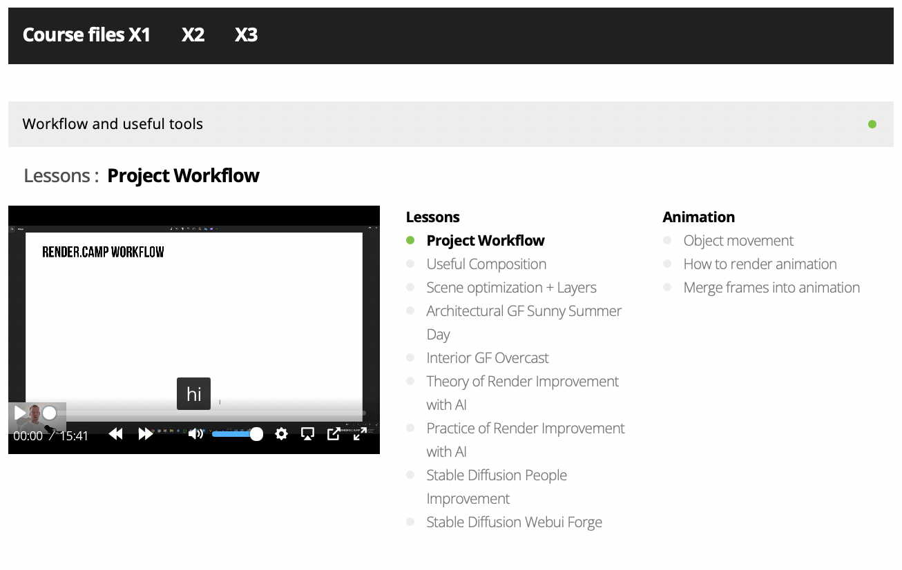Online course interface showing Project Workflow video lesson with a playlist including topics like Useful Composition, Scene optimization, and Animation.