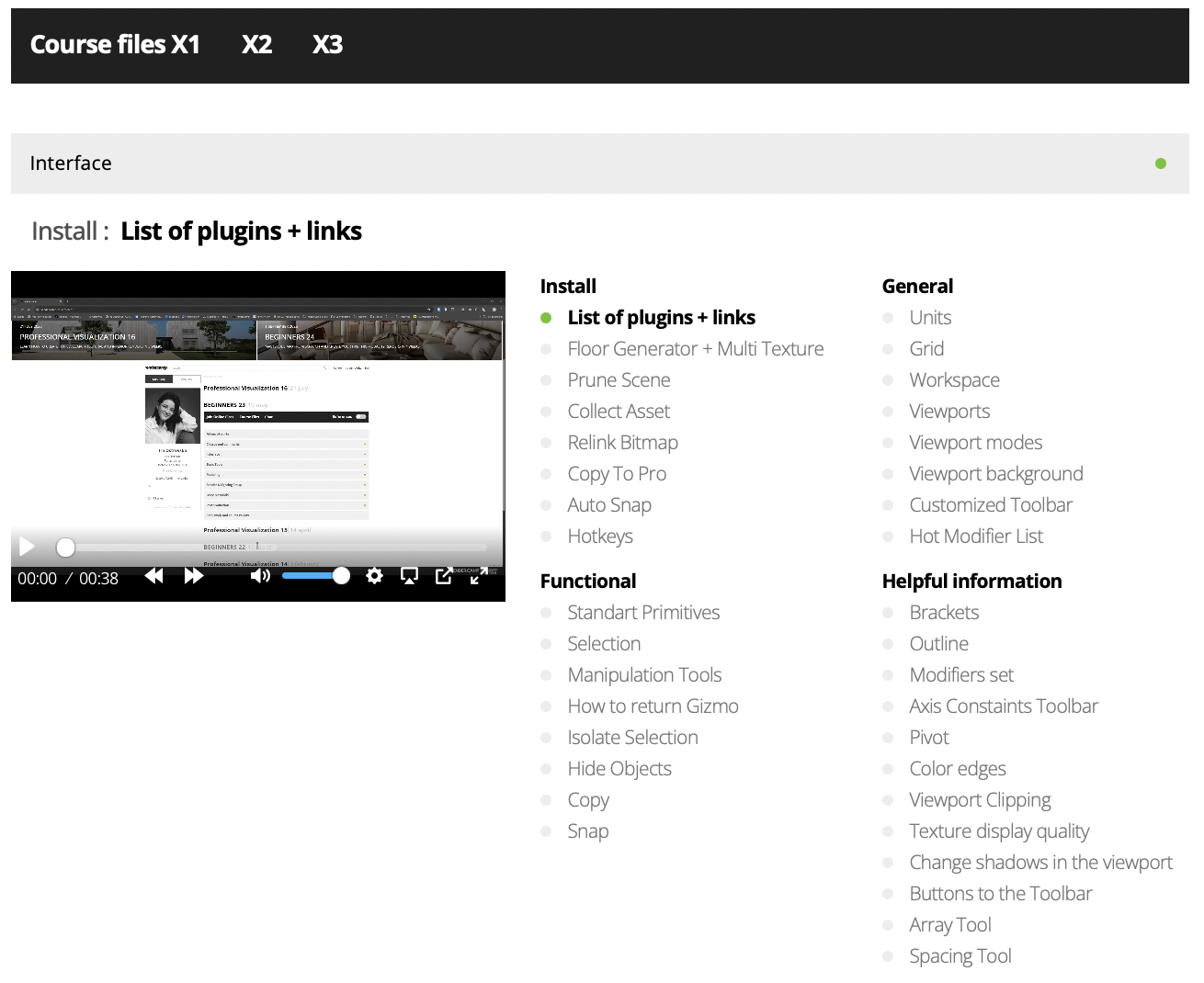 Screenshot of an interface tutorial with a paused video and lists of plugins and options categorized under Install, General, Functional, and Helpful information.