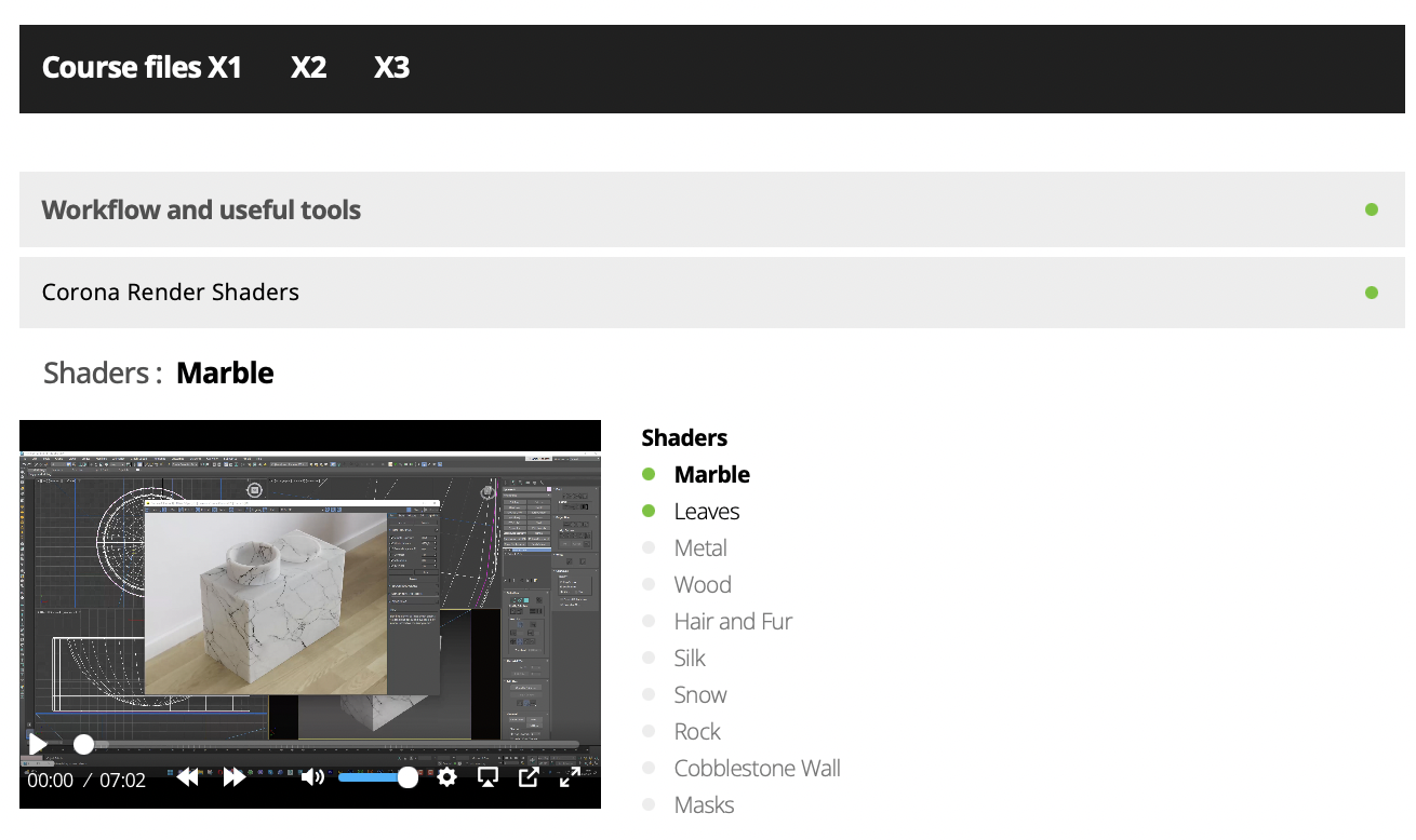 Course files interface showing workflow tools and a video player with a 3D software screen displaying a marble shader applied to a cube on a wooden floor, alongside a shader selection list highlighting Marble and Leaves.