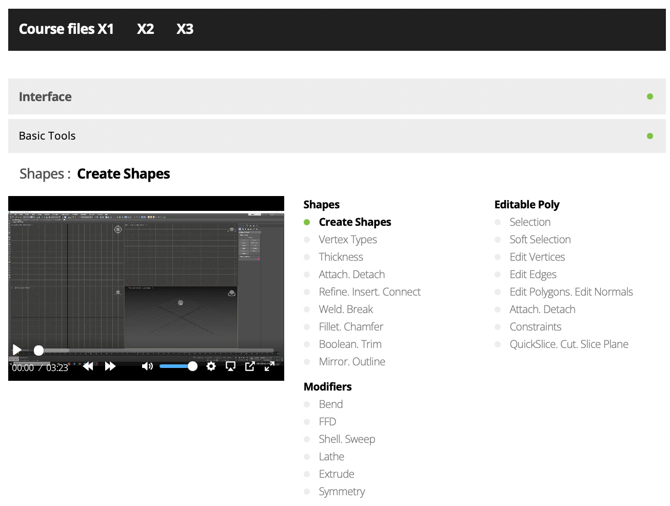 3D software interface showing tutorial video for creating shapes with menu options for Shapes, Editable Poly, and Modifiers.