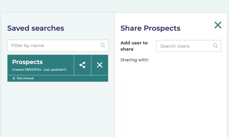 A screenshot of the FullCircl platform showing the Saved searches and Share Prospects features.