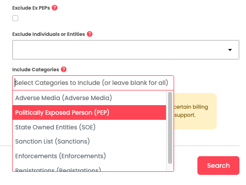 Screenshot of the Quick Search section of the portal showing a drop down menu of the new categories