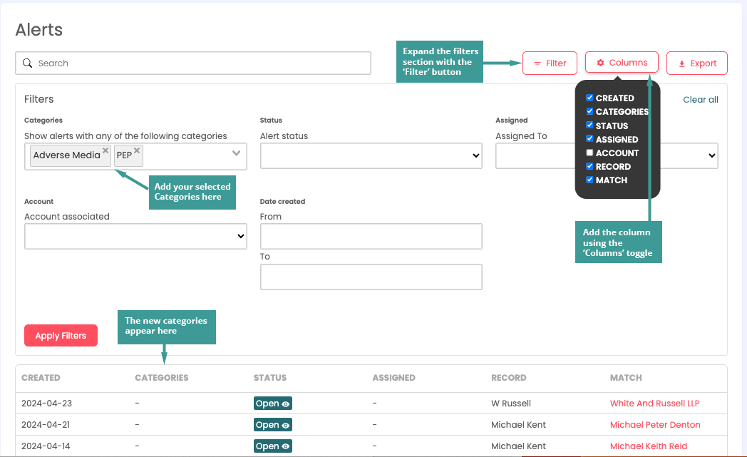 Screenshot of the Alerts section of the portal showing filters and categories.