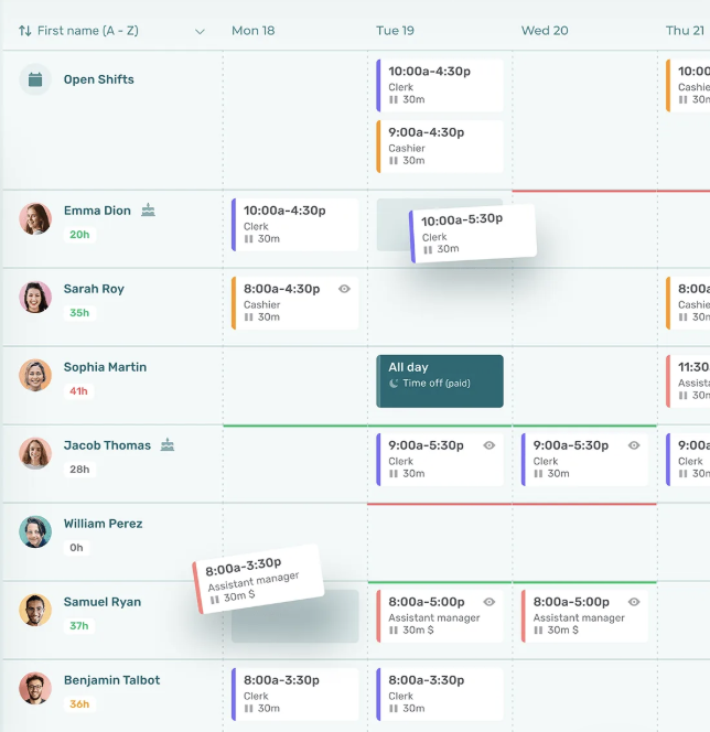 Schedule view showing shifts across a weekly calendar