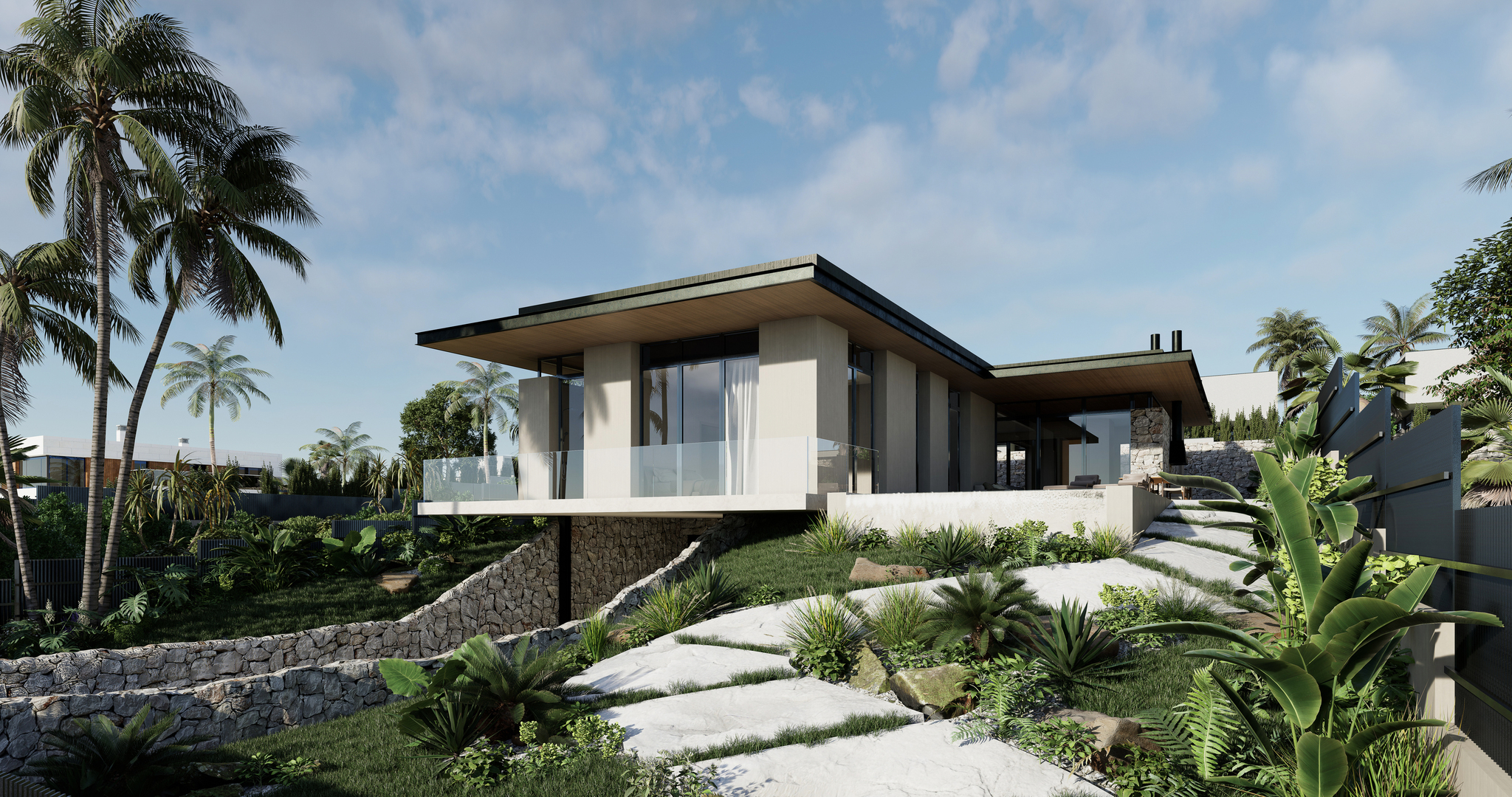 Architectural render with displacement maps