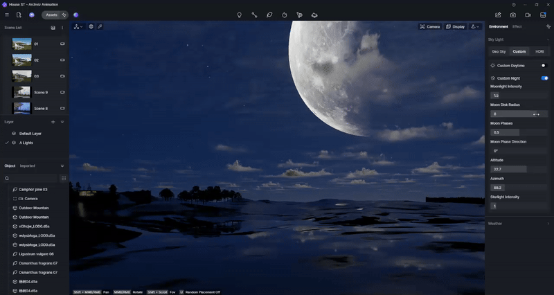 D5 Render Smart Lighting System controls for Geo Sky, Custom, and HDRI modes