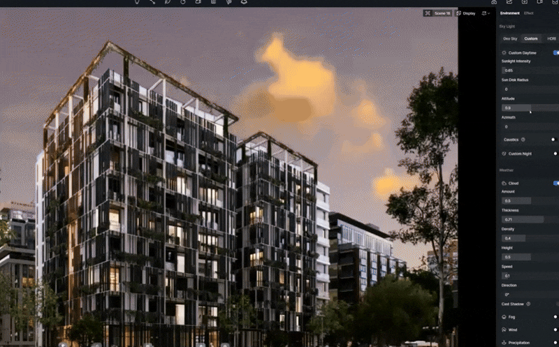 D5 Render Smart Lighting System controls for Geo Sky, Custom, and HDRI modes