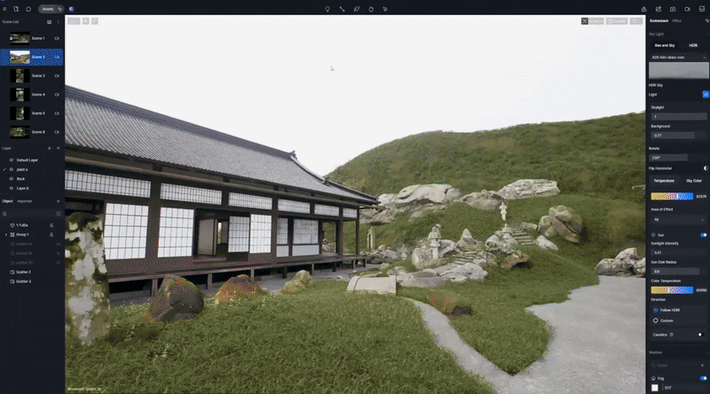 japanese garden design in D5 Render with real-time lighting and animated plants