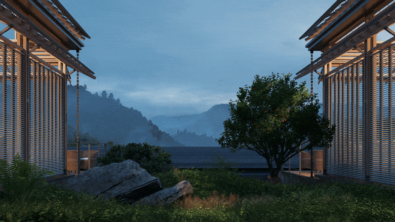 japanese garden design in D5 Render with real-time lighting and animated plants