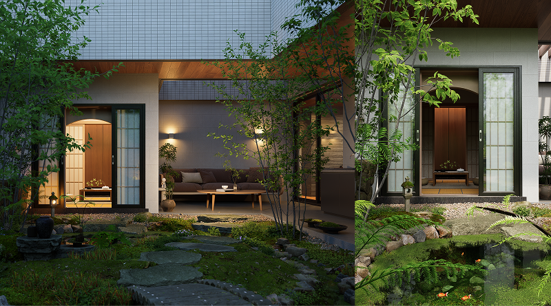 japanese garden design in D5 Render with real-time lighting and animated plants