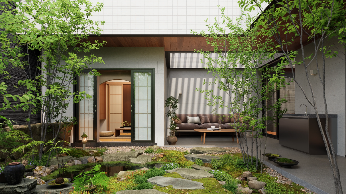 japanese garden design in D5 Render with real-time lighting and animated plants