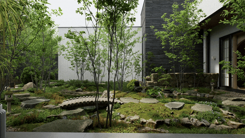 japanese garden design in D5 Render with real-time lighting and animated plants