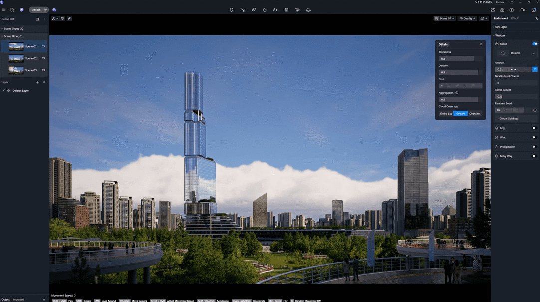 Realistic 3D Volumetric Clouds in D5 Render for dynamic sky depth.