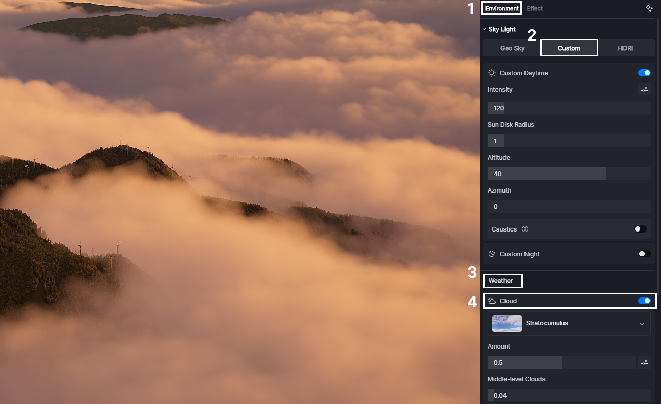 Realistic 3D Volumetric Clouds in D5 Render for dynamic sky depth.