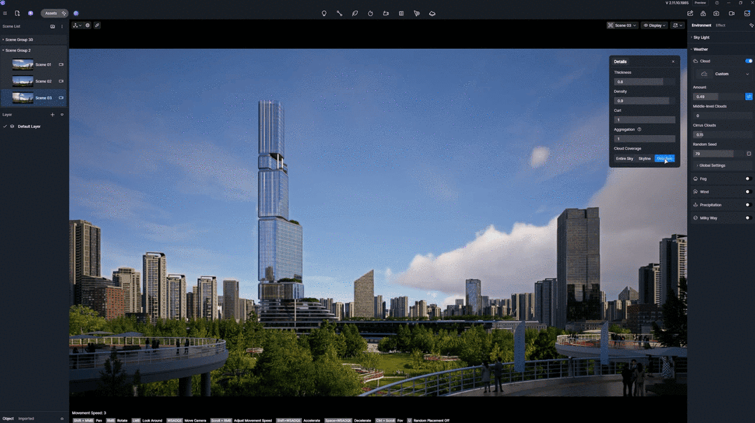 Realistic 3D Volumetric Clouds in D5 Render for dynamic sky depth.