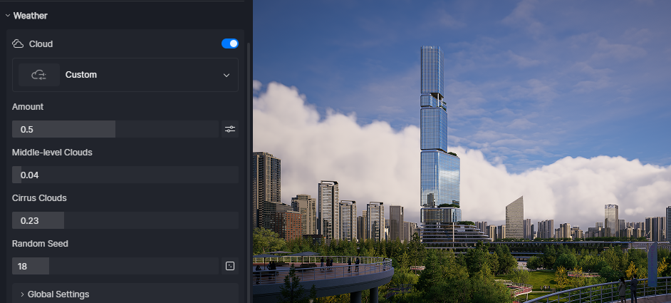 Realistic 3D Volumetric Clouds in D5 Render for dynamic sky depth.