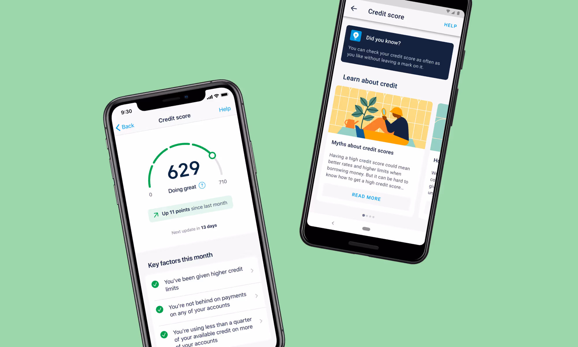 Two screens of the credit score interface shown on device
