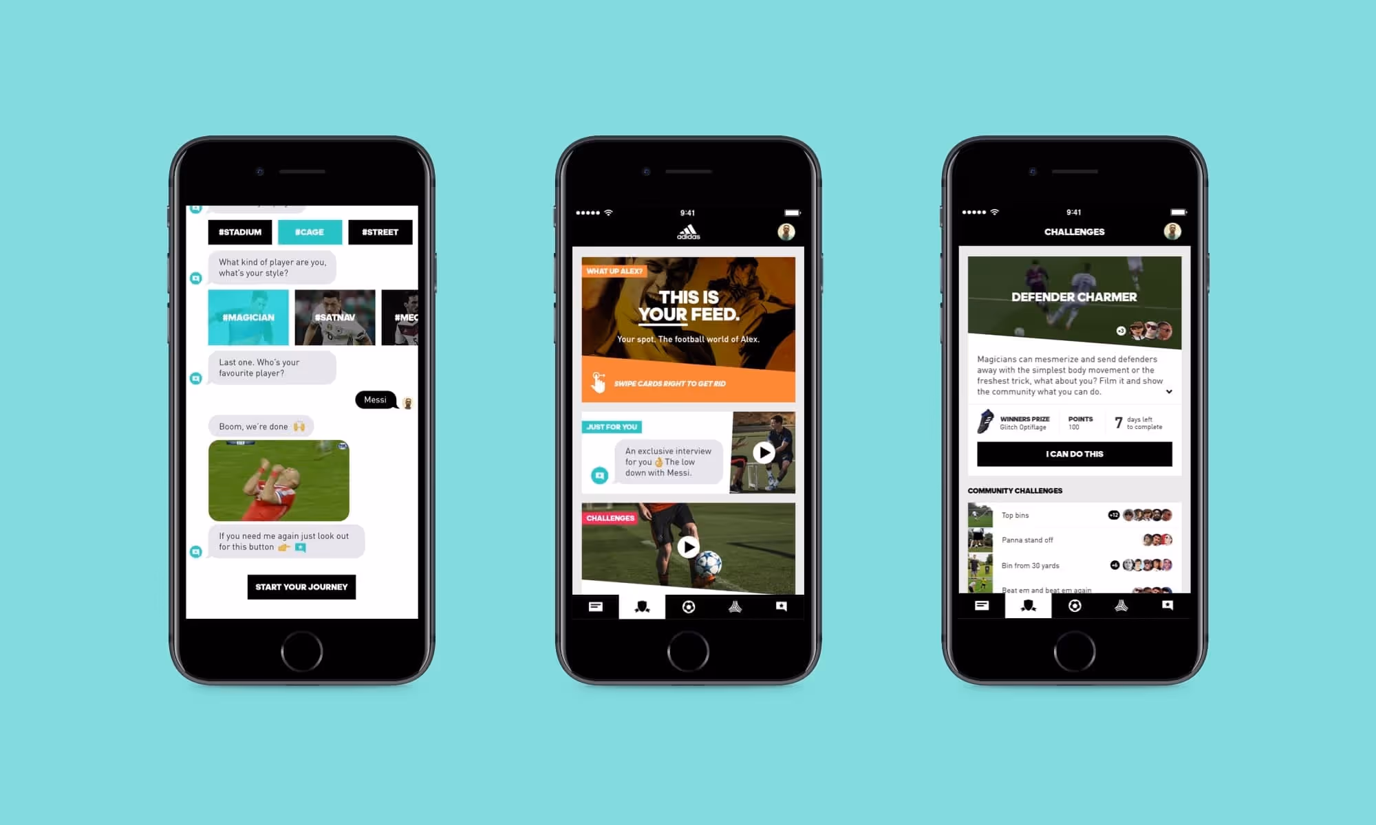 The onboarding, feed, and challenge screen