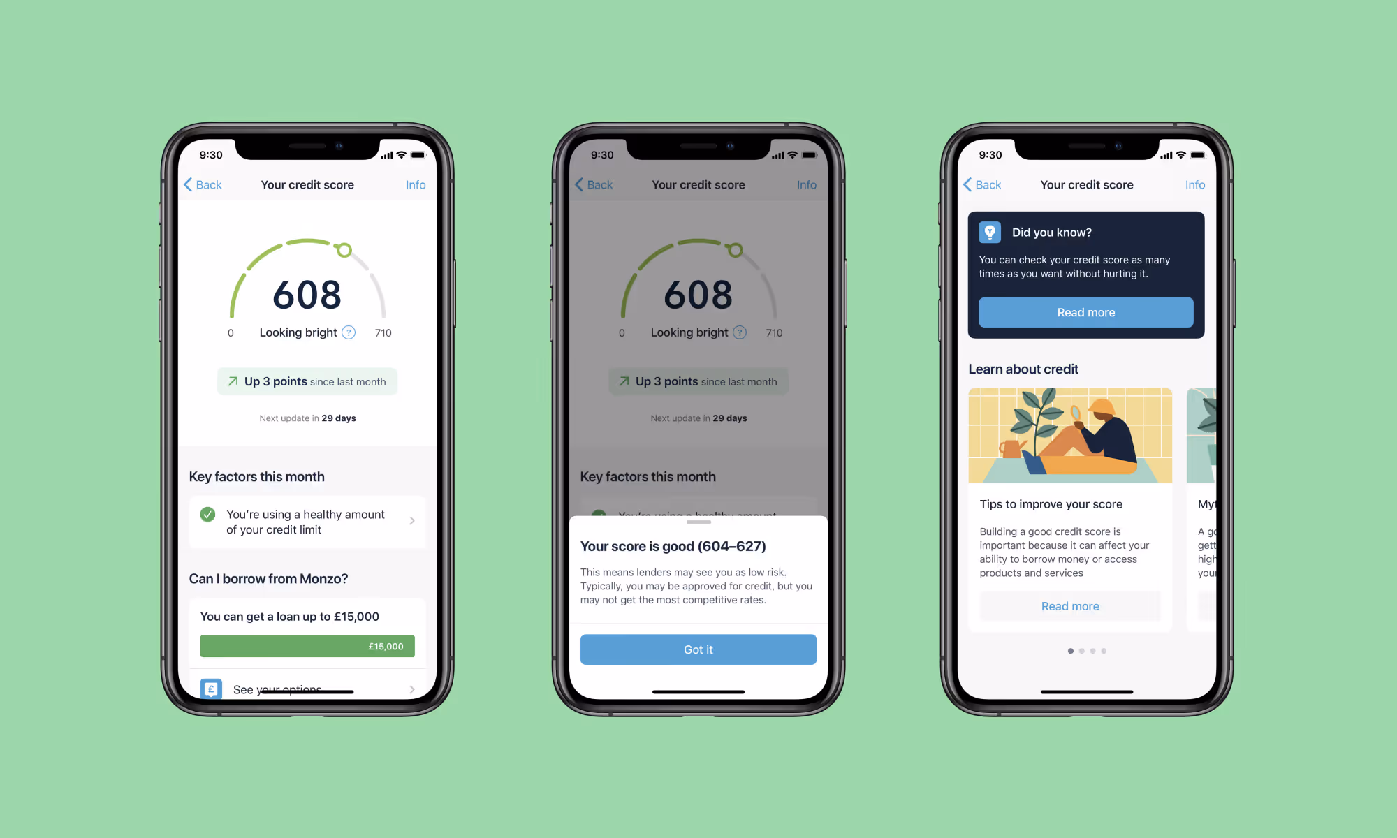 Some of the final iOS designs of the credit score feature.