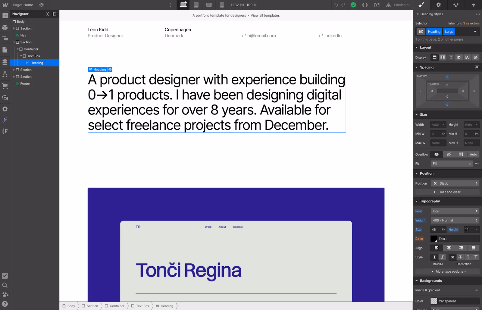 Simplefolio template in the Webflow interface