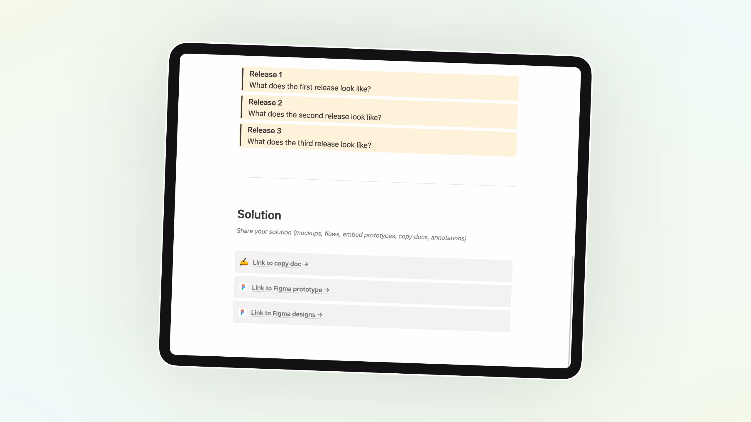 Product design document template for Notion