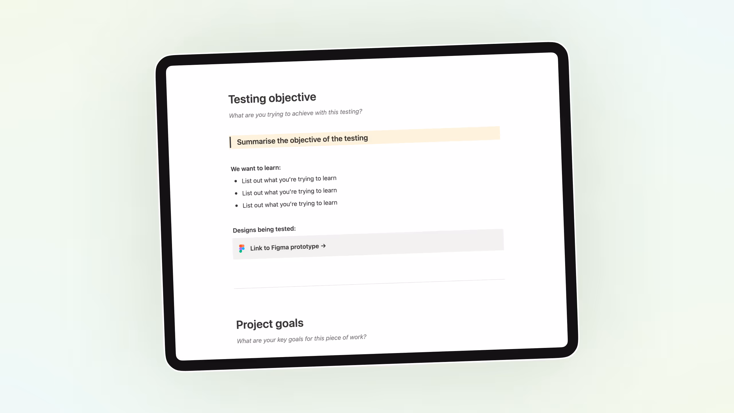 User testing plan and script template in Notion, made by Bryn Taylor