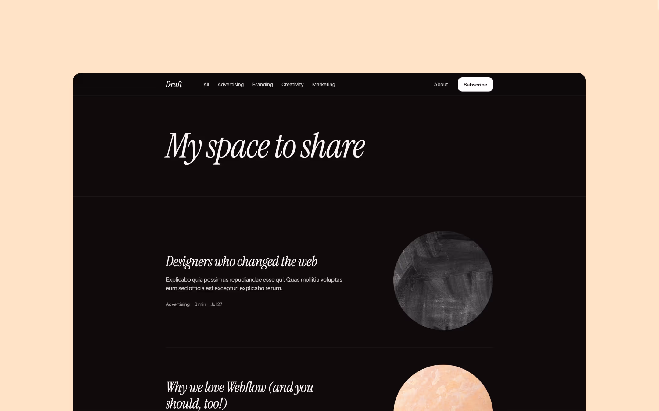 Draft premium personal Webflow blog template