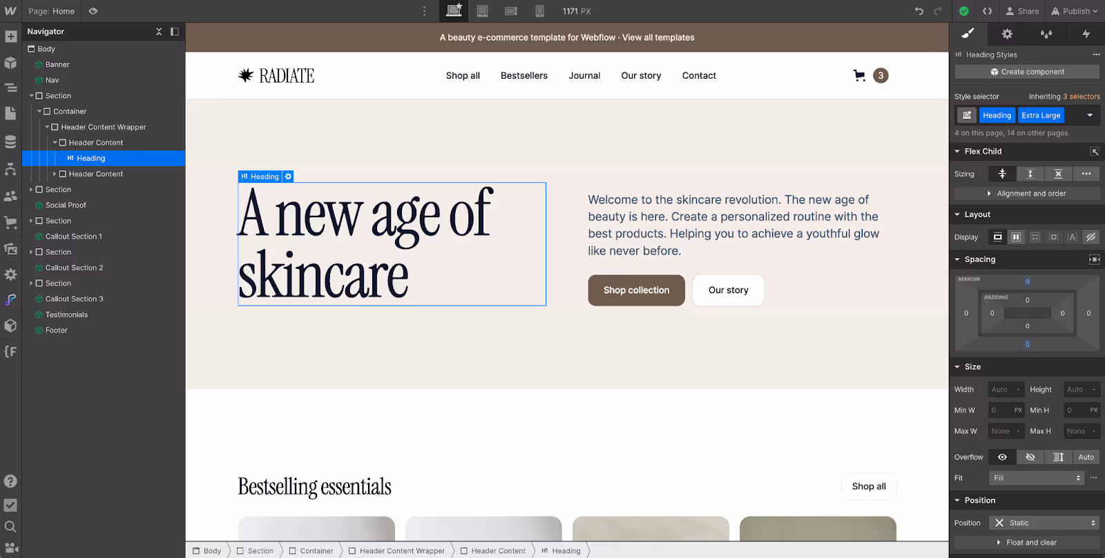 Radiate, a premium ecommerce Webflow template for beauty brands