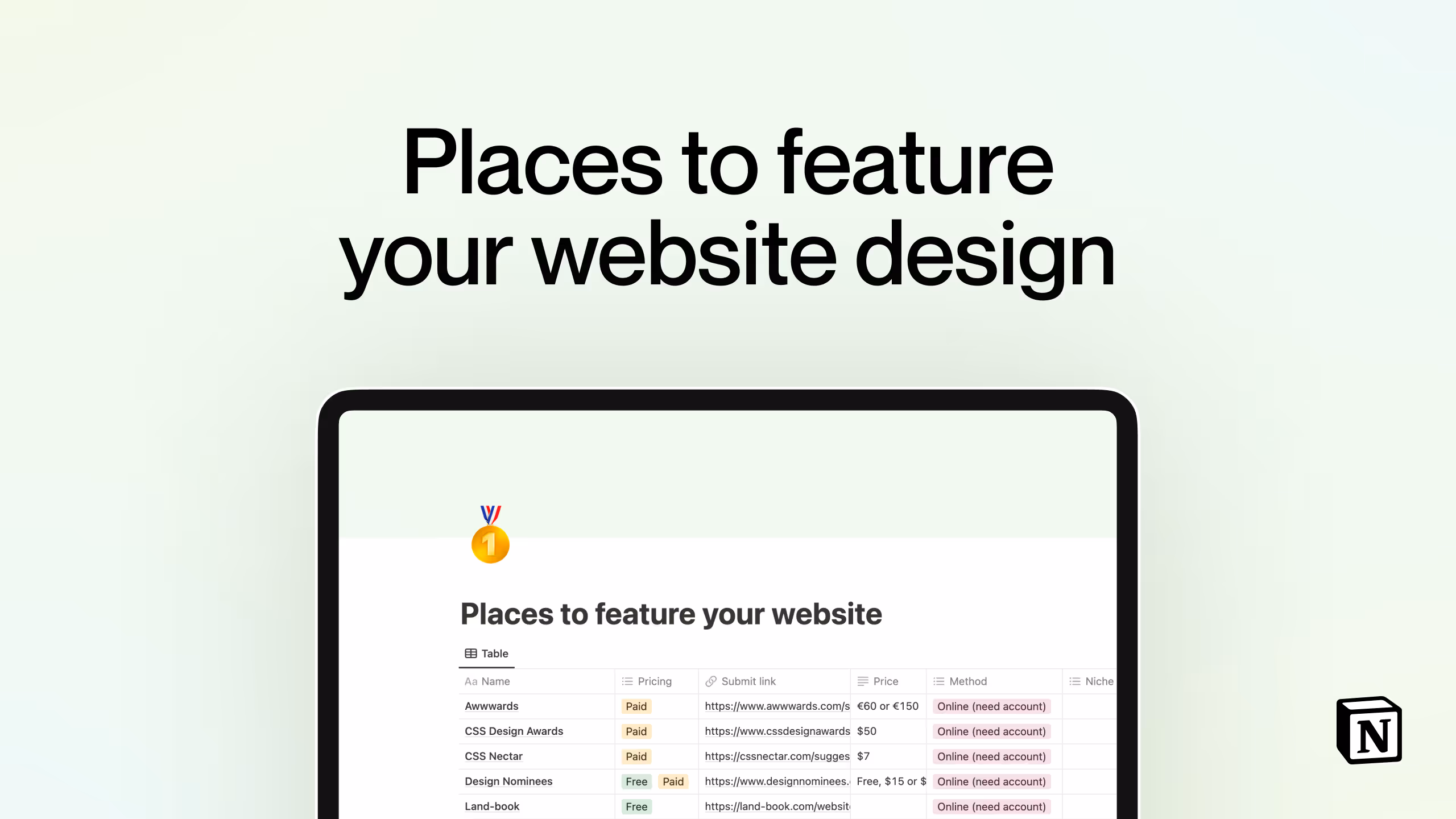 List of places to feature your website in Notion by Bryn Taylor