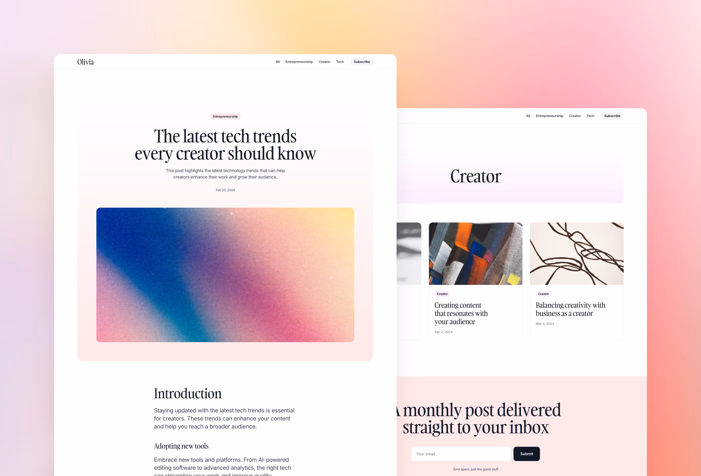 Compose is a vibrant, clean and minimal blog template for Framer