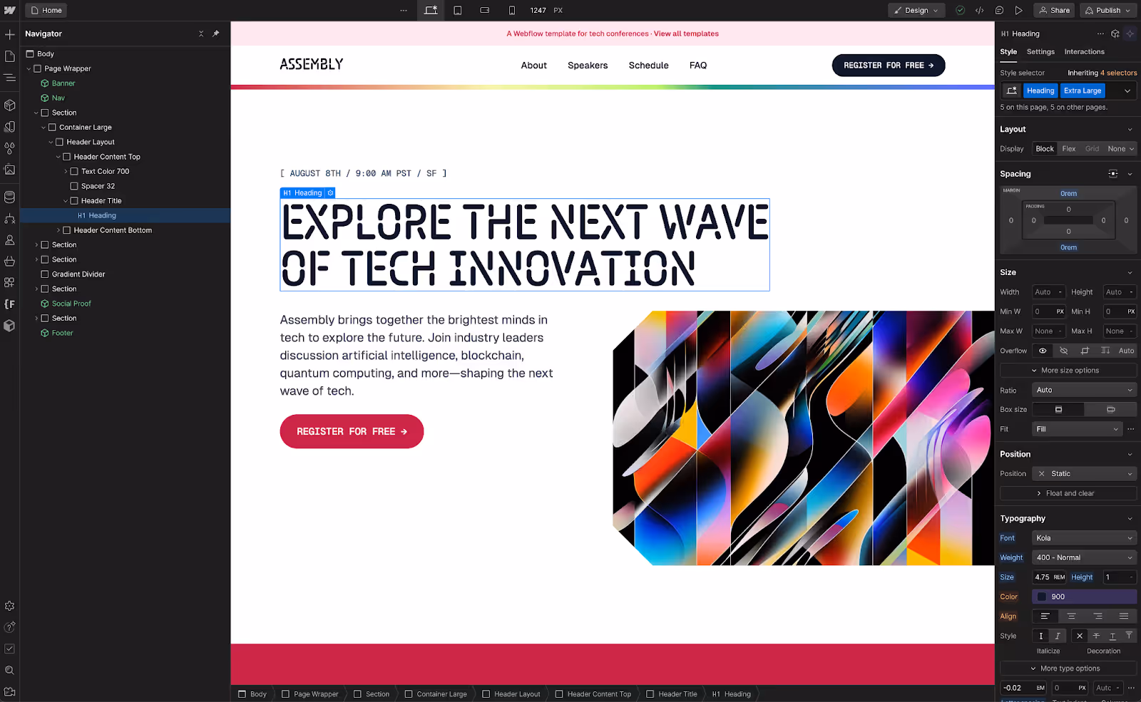 Screenshot of Assemble conference template inside Webflow