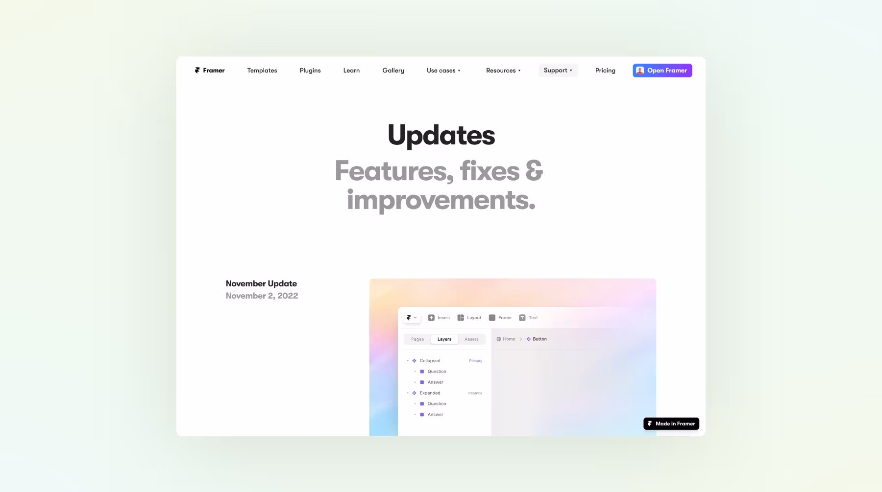 Framer's changelog page